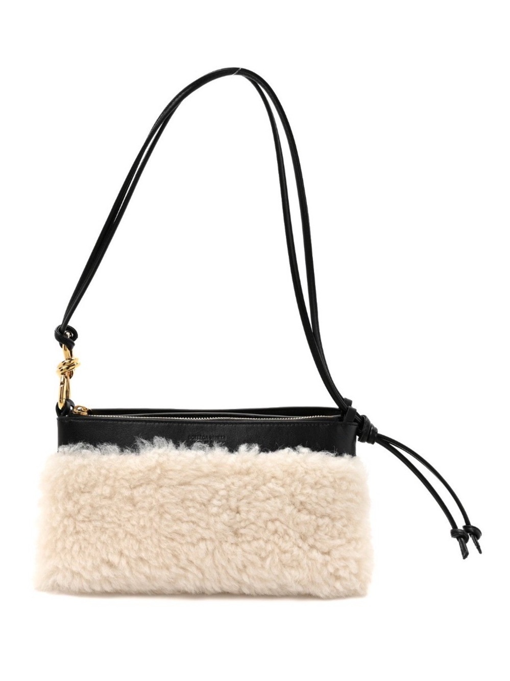 Bottega Veneta Black Leather & Cream Shearling Shoulder Bag with Gold Hardware
